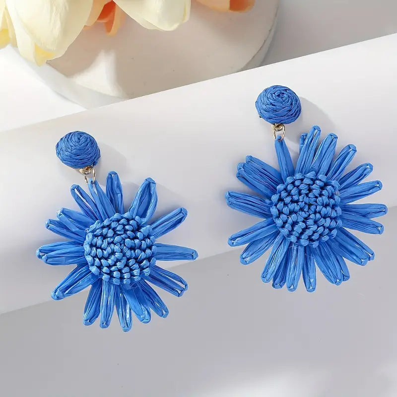 Hand-woven Raffia Sun Flower Dangle Earrings